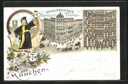 Lithographie München, Waarenhaus Hermann Tietz neben Münchener Kindl