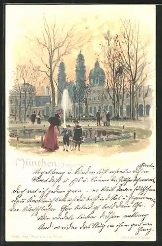 Lithographie München, Brunnen im Hofgarten, Private Stadtpost