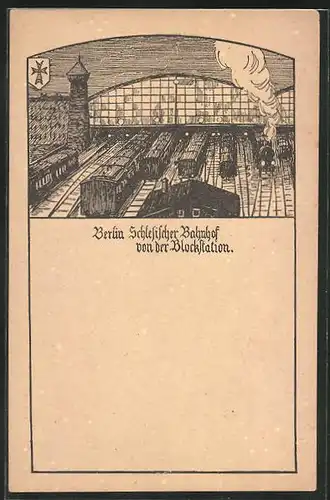 Künstler-AK Berlin-Friedrichshain, Schlesischer Bahnhof von der Blockstation