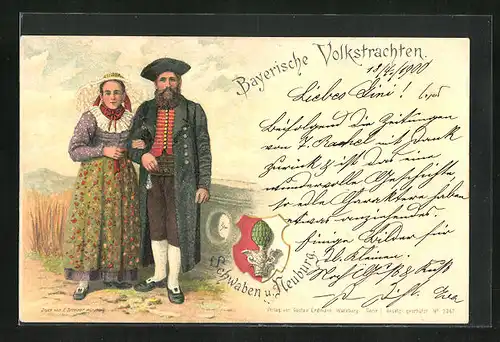 Lithographie Personen in bayerischer Tracht, Wappen