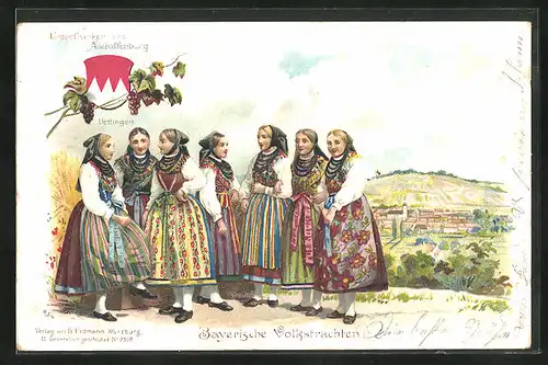 Lithographie Uettingen, Frauen in bayerischer Tracht, Wappen