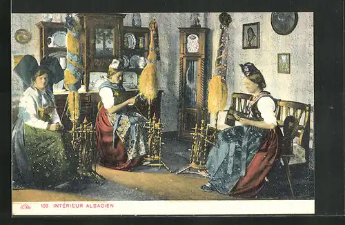 AK Frauen in elsass-lothringische Tracht, Spinnrad