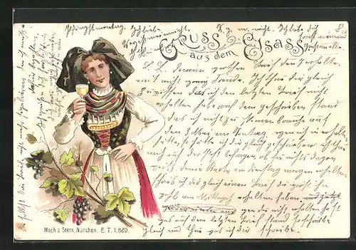 Lithographie Frau in elsass-lothringische Tracht, Weinrebe