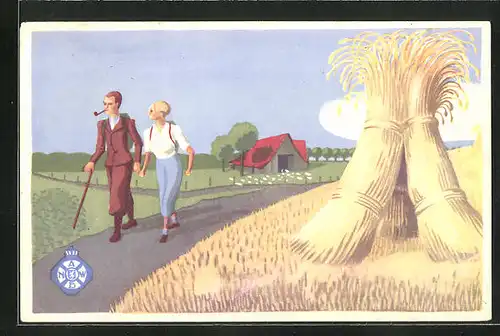 AK Wanderer entlang von Weizenfeldern wandernd