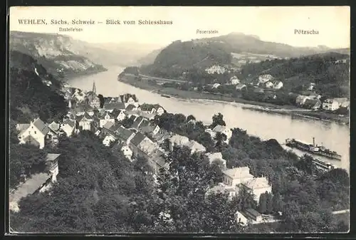 AK Wehlen in sächs. Schweiz, Blick vom Schiesshaus zum Basteifelsen, Rauenstein und Pötzscha