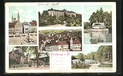 AK Freiberg i.S., Ortsansicht, Schwanenschlösschen, am Kreuzteich, Justizgebäude, Schloss Freudenstein und Obermarkt
