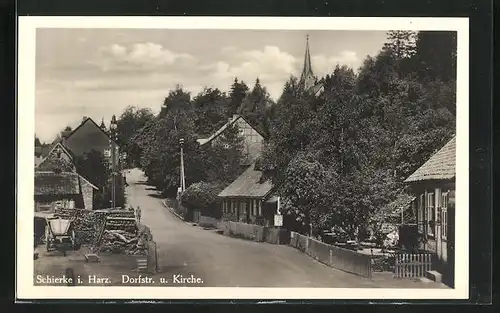 AK Schierke im Harz, Dorfstrasse und Kirche