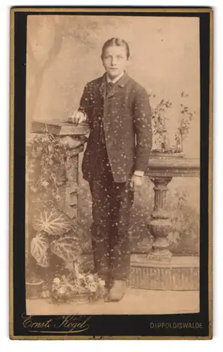 Fotografie Ernst Kögel, Dippoldiswalde, Dresdnerstrasse 147, Portrait Knabe im Anzug in floraler Studiokulisse