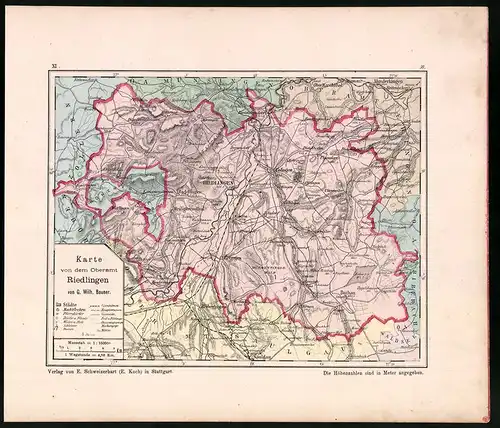 Lithographie Karte von dem Oberamt Riedlingen, Farblithographie von Bauser 1885, 24 x 28cm