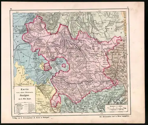 Lithographie Karte von dem Oberamt Saulgau, Farblithographie von Bauser 1885, 24 x 28cm