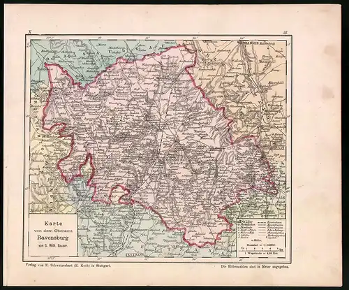 Lithographie Karte von dem Oberamt Ravensburg, Farblithographie von Bauser 1885, 24 x 28cm