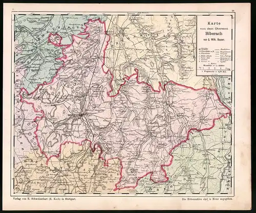 Lithographie Karte von dem Oberamt Biberach, Farblithographie von Bauser 1885, 24 x 28cm
