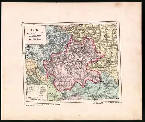 Lithographie Karte von dem Oberamt Schorndorf, Farblithographie von Bauser 1885, 24 x 28cm