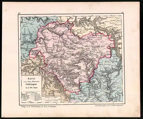 Lithographie Karte von dem Oberamt Oehringen, Farblithographie von Bauser 1885, 24 x 28cm