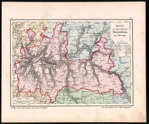 Lithographie Karte von dem Oberamt Mergentheim, Farblithographie von Bauser 1885, 24 x 28cm