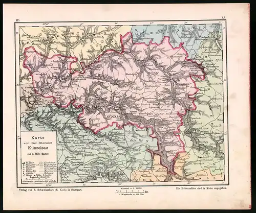 Lithographie Karte von dem Oberamt Künzelsau, Farblithographie von Bauser 1885, 24 x 28cm