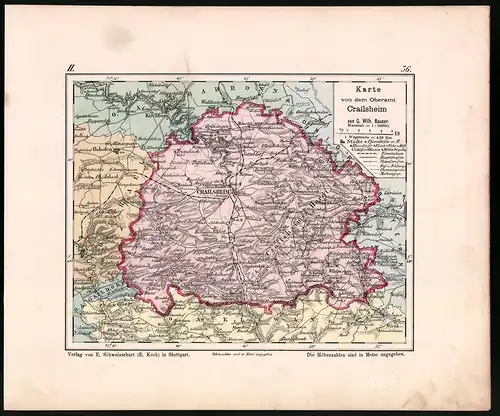 Lithographie Karte von dem Oberamt Crailsheim, Farblithographie von Bauser 1885, 24 x 28cm