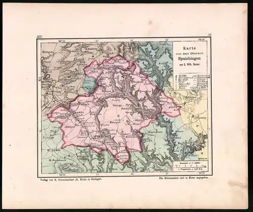 Lithographie Karte von dem Oberamt Spaichingen, Farblithographie von Bauser 1885, 24 x 28cm