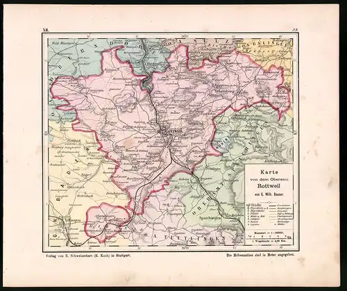 Lithographie Karte von dem Oberamt Rottweil, Farblithographie von Bauser 1885, 24 x 28cm