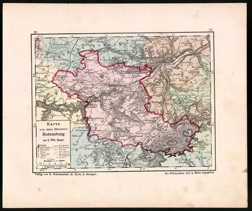 Lithographie Karte von dem Oberamt Rottenburg, Farblithographie von Bauser 1885, 24 x 28cm