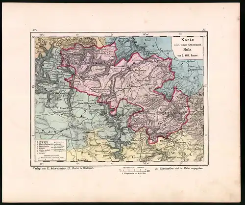 Lithographie Karte von dem Oberamt Sulz, Farblithographie von Bauser 1885, 24 x 28cm
