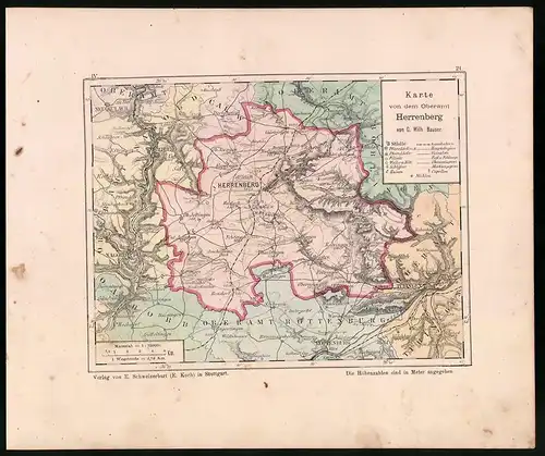 Lithographie Karte von dem Oberamt Herrenberg, Farblithographie von Bauser 1885, 24 x 28cm