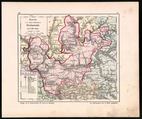 Lithographie Karte von dem Oberamt Neckarsulm, Farblithographie von Bauser 1885, 24 x 28cm