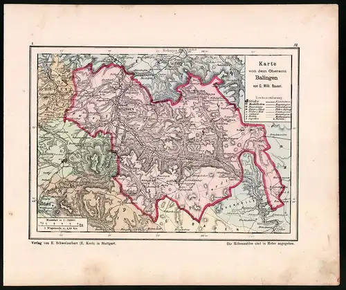 Lithographie Karte von dem Oberamt Balingen, Farblithographie von Bauser 1885, 24 x 28cm