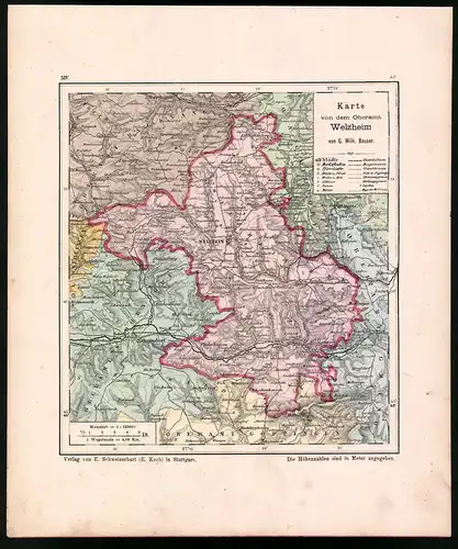 Lithographie Karte von dem Oberamt Welzheim, Farblithographie von Bauser 1885, 24 x 28cm