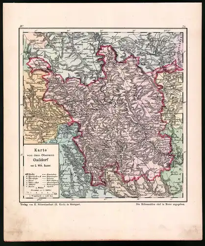 Lithographie Karte von dem Oberamt Gaildorf, Farblithographie von Bauser 1885, 24 x 28cm