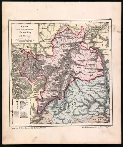 Lithographie Karte von dem Oberamt Neuenbürg, Farblithographie von Bauser 1885, 24 x 28cm