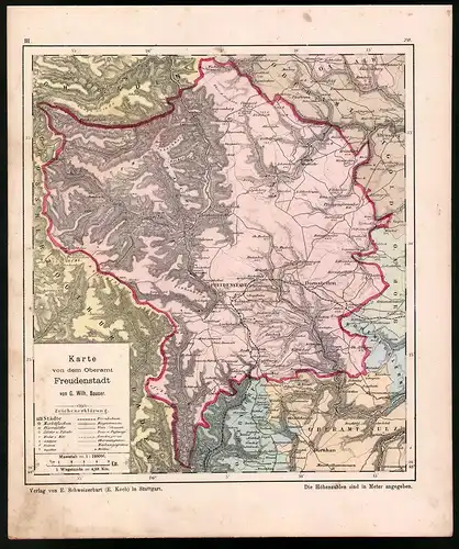 Lithographie Karte von dem Oberamt Freudenstadt, Farblithographie von Bauser 1885, 24 x 28cm