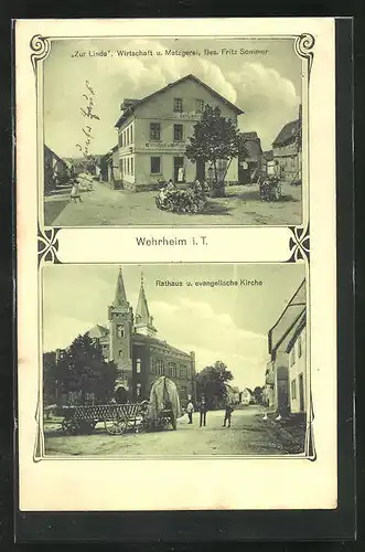 AK Wehrheim i. T., Wirtschaft und Metzgerei Zur Linde, Rathaus und evangelische Kirche