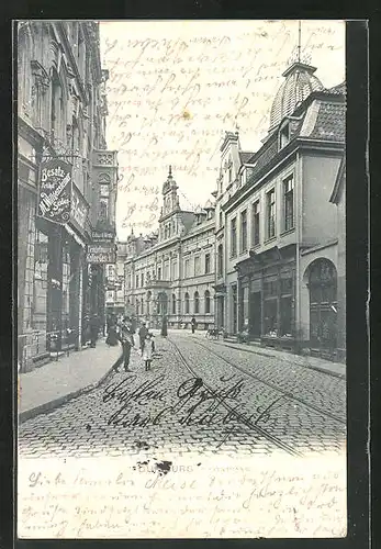 AK Duisburg, Poststrasse mit Geschäften