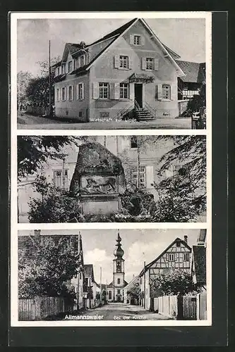 AK Allmannsweier, Gasthaus zur Linde, Kriegerdenkmal, Bei der Kirche