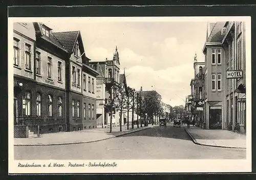AK Nordenham a. d. Weser, Bahnhofstrasse mit Hotel und Postamt