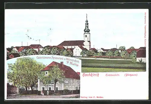 AK Hochkirch, Kolonialwarengeschäft-Restaurant und Weinstuben von P. Mulke, Ortspartie mit Kirche