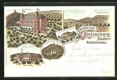 Lithographie Soden-Salmünster, Sanatorium Stolzenberg, Kurhaus und Solbad, Villa Vitriarius mit Salzsprudel