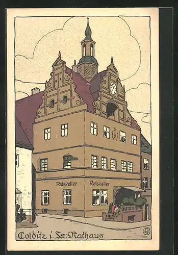 Steindruck-AK Colditz i. Sa., Rathaus mit Gasthaus Ratskeller