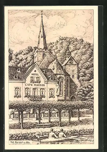 Künstler-AK St. Goar a. Rh., Hotel Café Hauser und Ruderboot