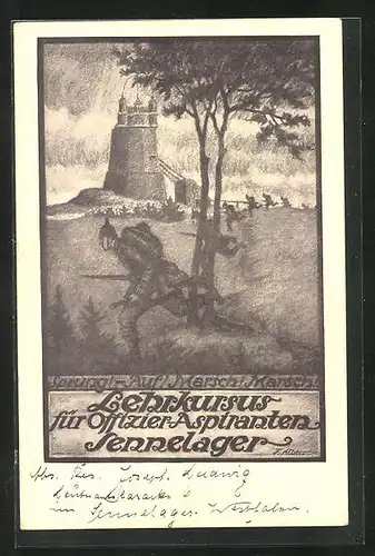 Künstler-AK Sennelager, Lehrkursus für Offizier-Aspiranten, Soldaten bei einer Gefechtsübung