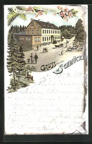 Lithographie Schmücke, Hotel Schmücke mit Droschke