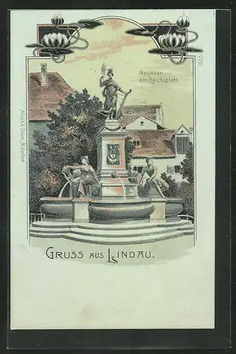 Lithographie Lindau, Brunnen am Reichsplatz