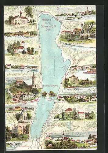 AK Tutzing, Landkarte vom Starnberger See mit Umgebungsorten