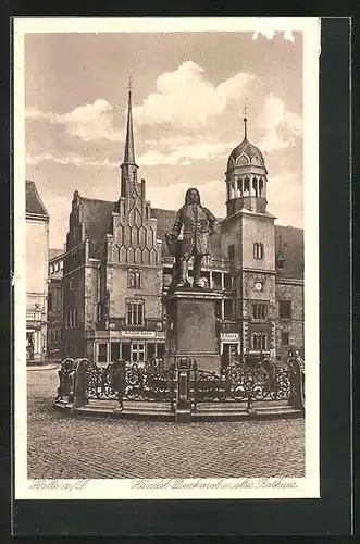 AK Halle a. S., Händel-Denkmal und altes Rathaus