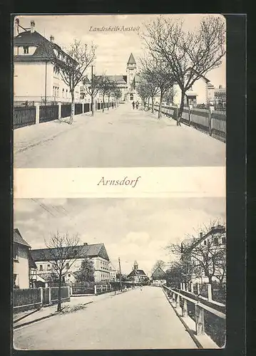 AK Arnsdorf, Landesheil-Anstalt, Strassenpartie mit Gebäudeansicht