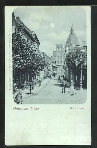 Mondschein-AK Mölln, Marktstrasse mit Passanten