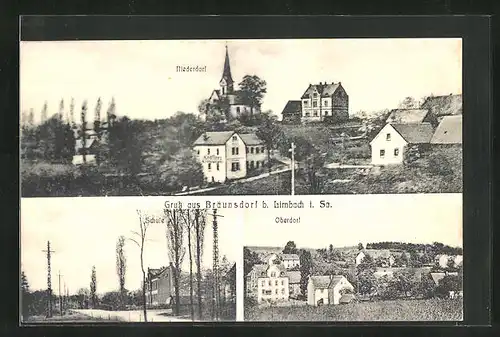 AK Bräunsdorf b. Limbach i. Sa., Niederdorf, Schule, Oberdorf