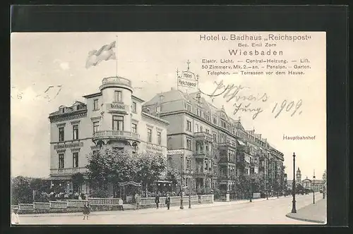 AK Wiesbaden, Hotel und Badhaus Reichspost am Hauptbahnhof