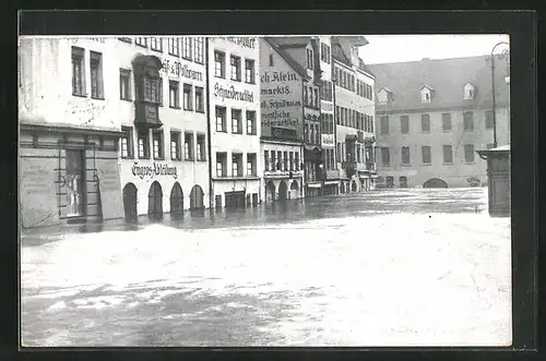 AK Nürnberg, Obstmarkt mit Geschäften bei der Hochwasser-Katastrophe 1909
